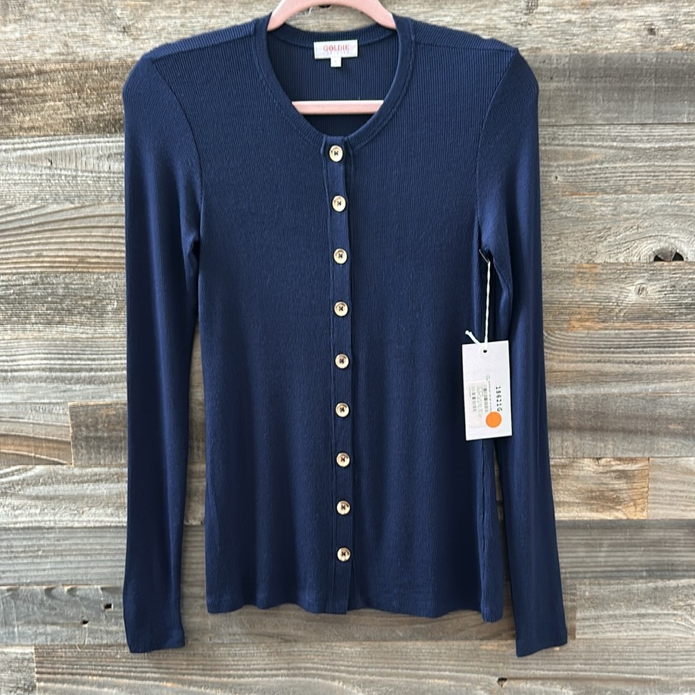 Goldie Deep Navy Ribbed Button-Down Long Sleeve Top - Picture 2 of 9